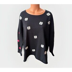 Lisa Todd Womens Black Cotton Knit Sweater Size 2X Embroidered Floral Plus
